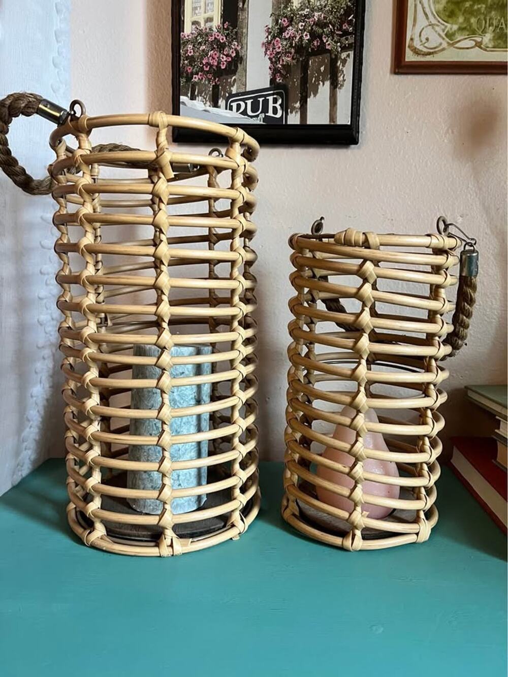 Set of 2 Coastal Woven Lantern Baskets / Candle Holders